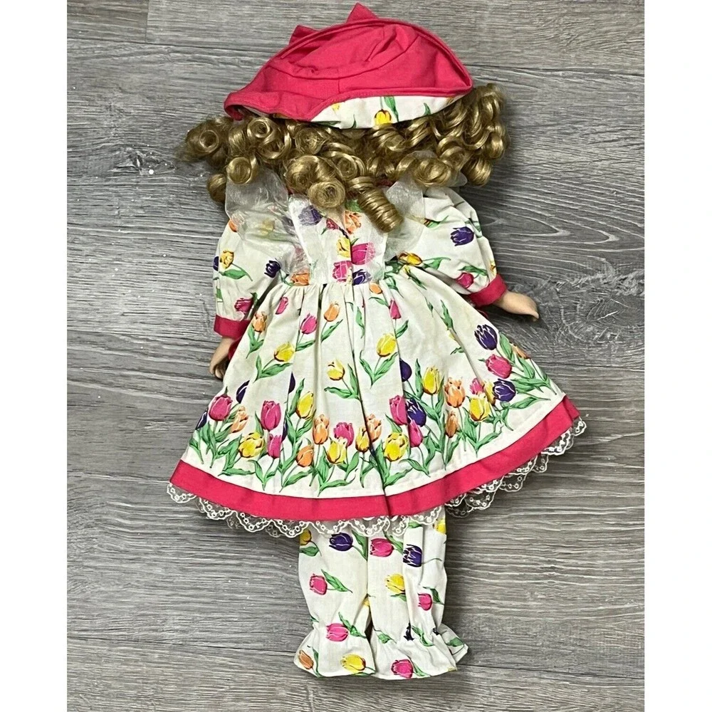 Brass Key Porcelain Doll Tulip Dress Pinafore Bonnet Pantaloons Blonde Curls 16”